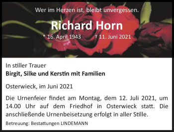 Traueranzeige von Richard Horn  von Magdeburger Volksstimme