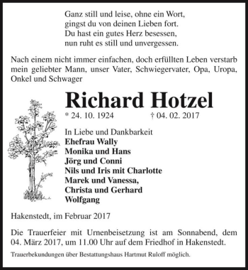 Traueranzeige von Richard Hotzel  von Magdeburger Volksstimme