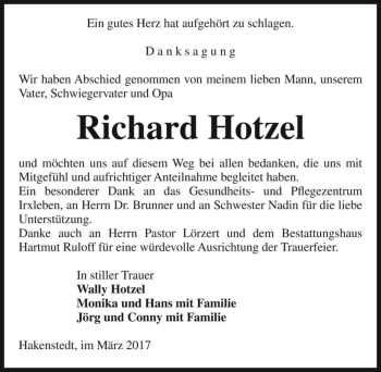 Traueranzeige von Richard Hotzel  von Magdeburger Volksstimme