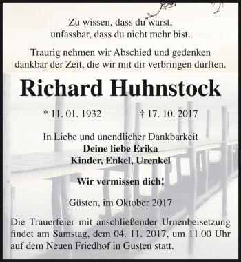 Traueranzeige von Richard Huhnstock  von Magdeburger Volksstimme