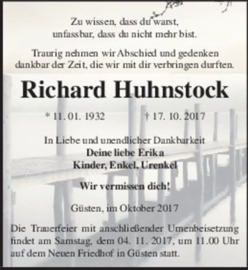 Traueranzeige von Richard Huhnstock  von Magdeburger Volksstimme
