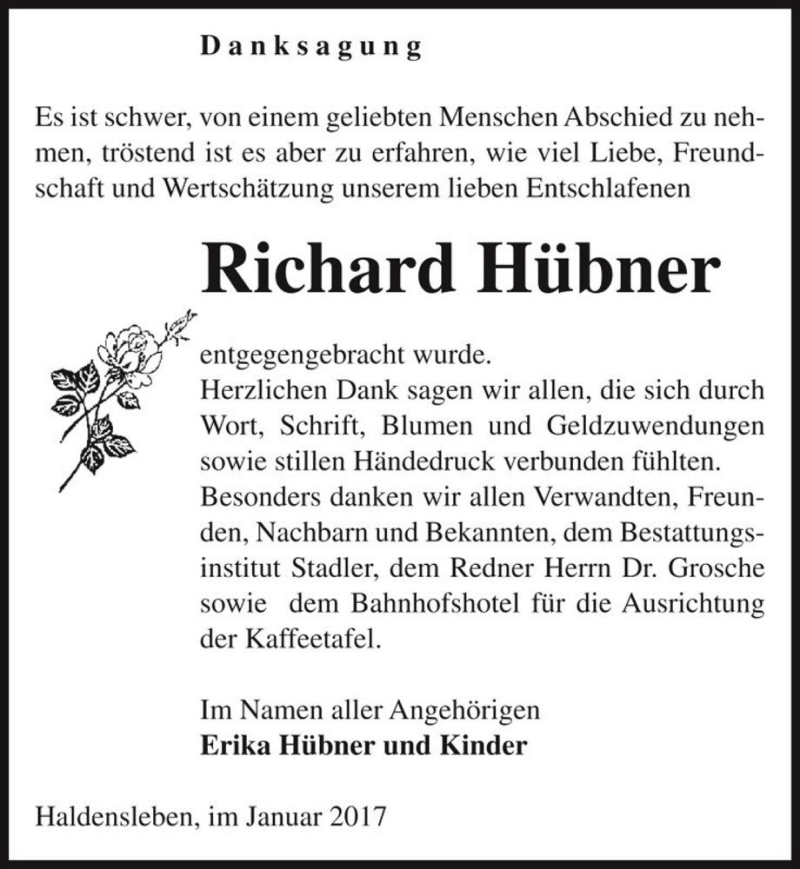  Traueranzeige für Richard Hübner  vom 07.01.2017 aus Magdeburger Volksstimme