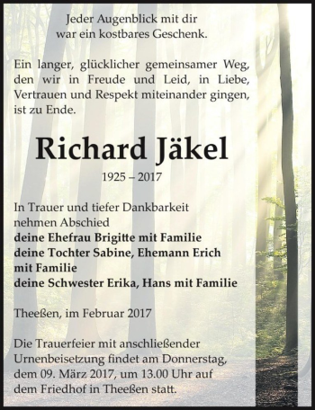 Traueranzeige von Richard Jäkel  von Magdeburger Volksstimme