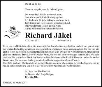 Traueranzeige von Richard Jäkel  von Magdeburger Volksstimme