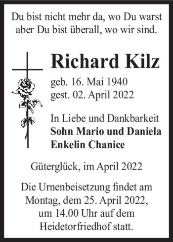 Traueranzeige von Richard Kilz  von Magdeburger Volksstimme