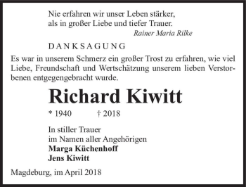 Traueranzeige von Richard Kiwitt  von Magdeburger Volksstimme