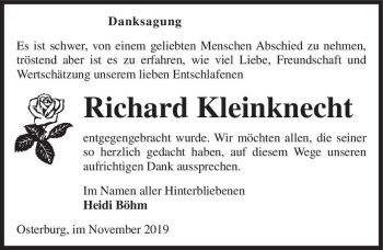 Traueranzeige von Richard Kleinknecht  von Magdeburger Volksstimme