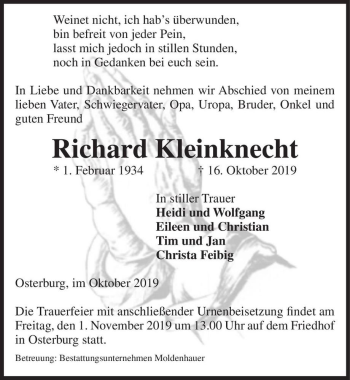 Traueranzeige von Richard Kleinknecht  von Magdeburger Volksstimme