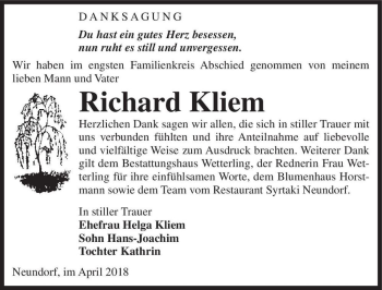 Traueranzeige von Richard Kliem  von Magdeburger Volksstimme