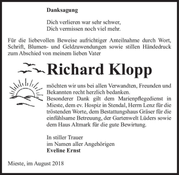 Traueranzeige von Richard Klopp  von Magdeburger Volksstimme