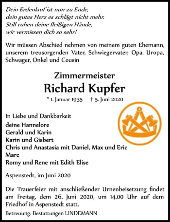 Traueranzeige von Richard Kupfer  von Magdeburger Volksstimme
