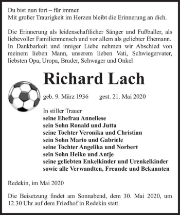 Traueranzeige von Richard Lach  von Magdeburger Volksstimme
