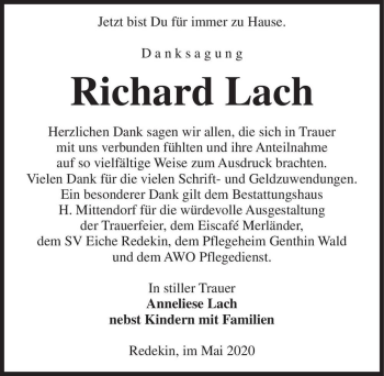 Traueranzeige von Richard Lach  von Magdeburger Volksstimme