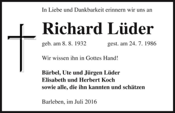 Traueranzeige von Richard Lüder  von Magdeburger Volksstimme