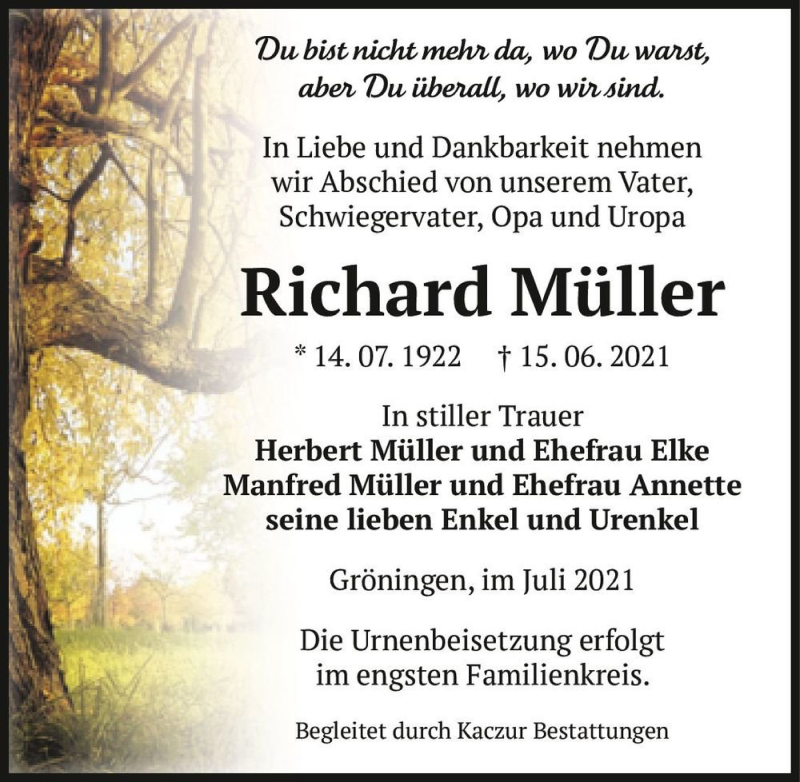  Traueranzeige für Richard Müller  vom 17.07.2021 aus Magdeburger Volksstimme