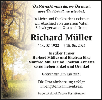 Traueranzeige von Richard Müller  von Magdeburger Volksstimme