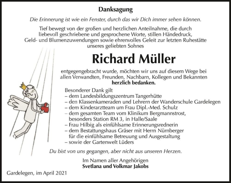  Traueranzeige für Richard Müller  vom 29.04.2021 aus Magdeburger Volksstimme