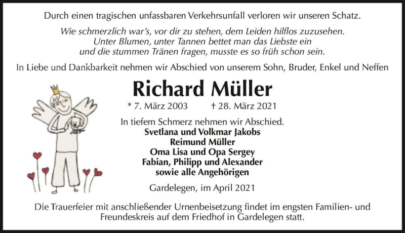  Traueranzeige für Richard Müller  vom 03.04.2021 aus Magdeburger Volksstimme