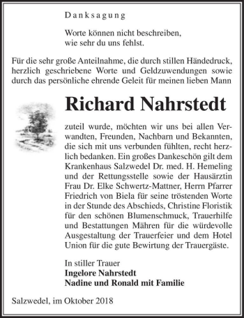 Traueranzeige von Richard Nahrstedt  von Magdeburger Volksstimme