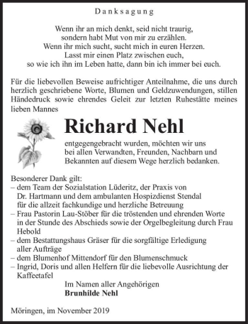 Traueranzeige von Richard Nehl  von Magdeburger Volksstimme