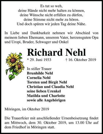 Traueranzeige von Richard Nehl  von Magdeburger Volksstimme