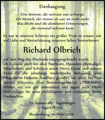 Traueranzeige von Richard Olbrich  von Magdeburger Volksstimme