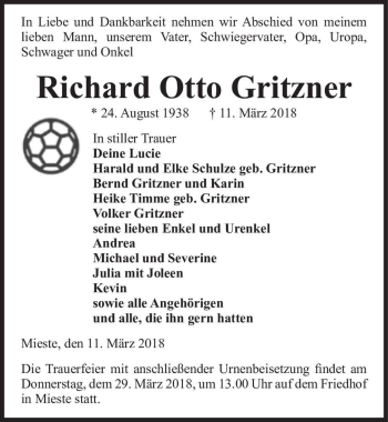 Traueranzeige von Richard Otto Gritzner  von Magdeburger Volksstimme