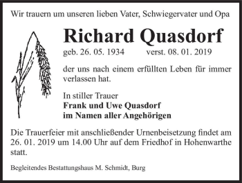 Traueranzeige von Richard Quasdorf  von Magdeburger Volksstimme