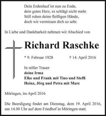 Traueranzeige von Richard Raschke  von Magdeburger Volksstimme