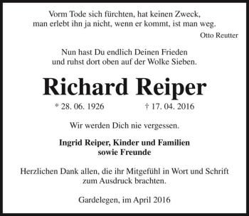 Traueranzeige von Richard Reiper  von Magdeburger Volksstimme