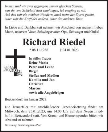 Traueranzeige von Richard Riedel  von Magdeburger Volksstimme