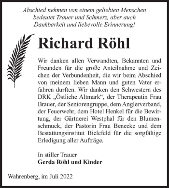 Traueranzeige von Richard Röhl  von Magdeburger Volksstimme