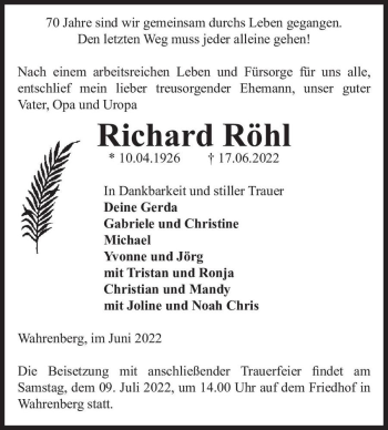 Traueranzeige von Richard Röhl  von Magdeburger Volksstimme