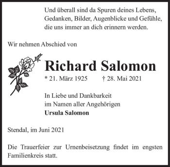 Traueranzeige von Richard Salomon  von Magdeburger Volksstimme
