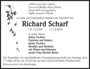 Traueranzeige von Richard Scharf  von Magdeburger Volksstimme