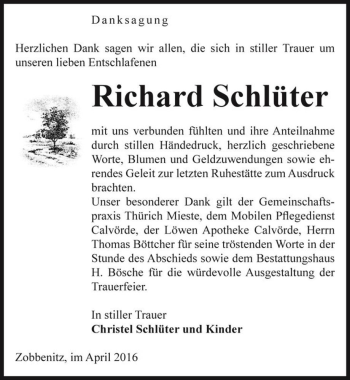 Traueranzeige von Richard Schlüter  von Magdeburger Volksstimme