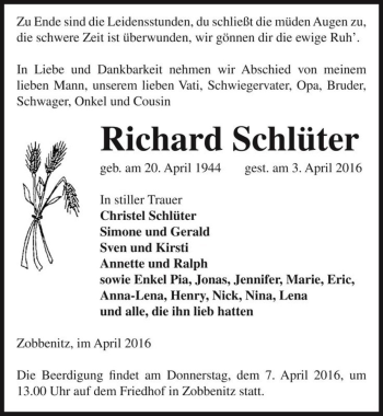 Traueranzeige von Richard Schlüter  von Magdeburger Volksstimme