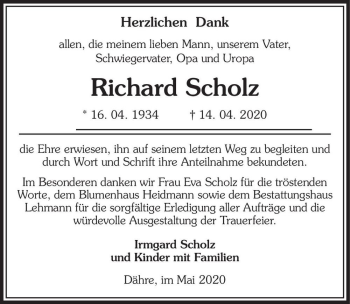 Traueranzeige von Richard Scholz  von Magdeburger Volksstimme