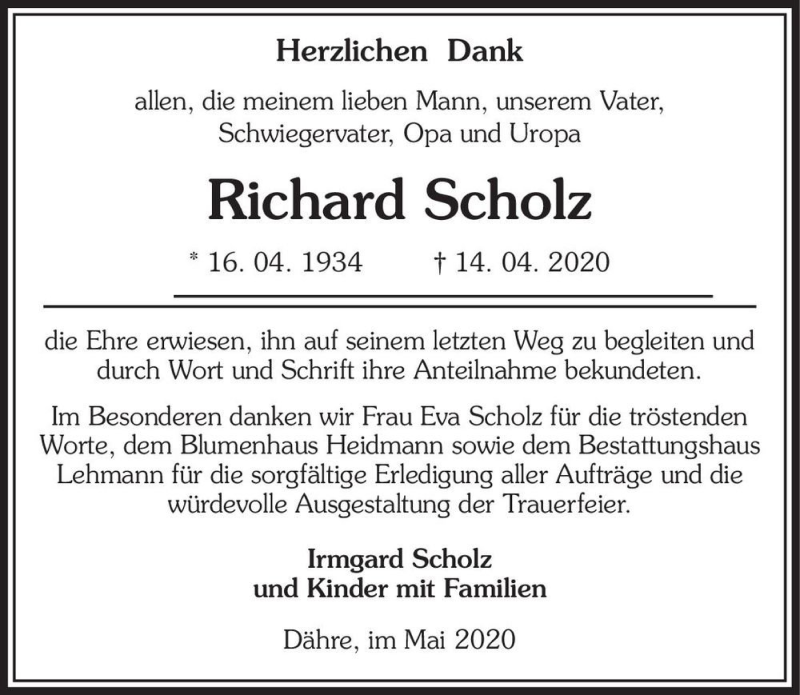  Traueranzeige für Richard Scholz  vom 07.05.2020 aus Magdeburger Volksstimme
