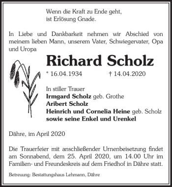 Traueranzeige von Richard Scholz  von Magdeburger Volksstimme