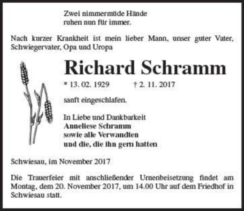 Traueranzeige von Richard Schramm  von Magdeburger Volksstimme