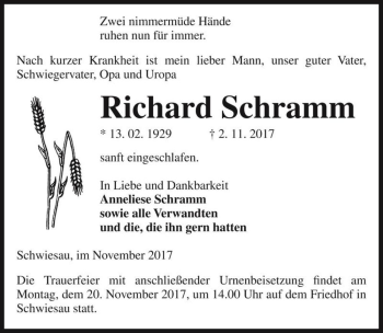 Traueranzeige von Richard Schramm  von Magdeburger Volksstimme