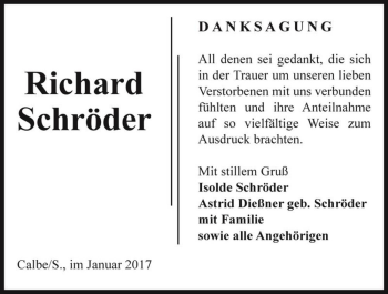 Traueranzeige von Richard Schröder  von Magdeburger Volksstimme