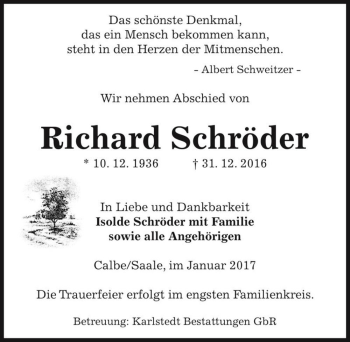 Traueranzeige von Richard Schröder  von Magdeburger Volksstimme