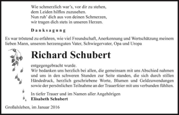 Traueranzeige von Richard Schubert  von Magdeburger Volksstimme