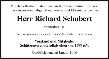 Traueranzeige von Richard Schubert  von Magdeburger Volksstimme