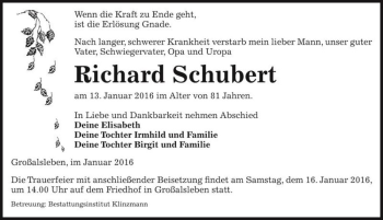 Traueranzeige von Richard Schubert  von Magdeburger Volksstimme