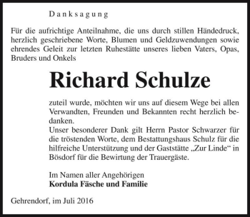Traueranzeige von Richard Schulze  von Magdeburger Volksstimme