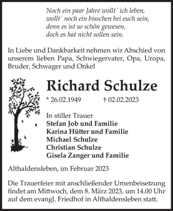 Traueranzeige von Richard Schulze  von Magdeburger Volksstimme
