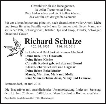 Traueranzeige von Richard Schulze  von Magdeburger Volksstimme